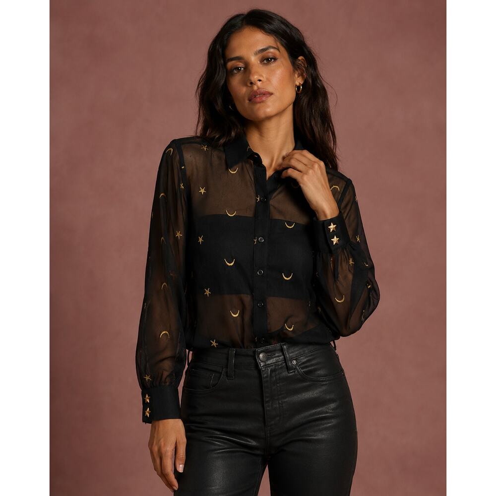 Vintage Baronesa Black Sheer Celestial Moon Star Button Blouse Size 6 Made USA